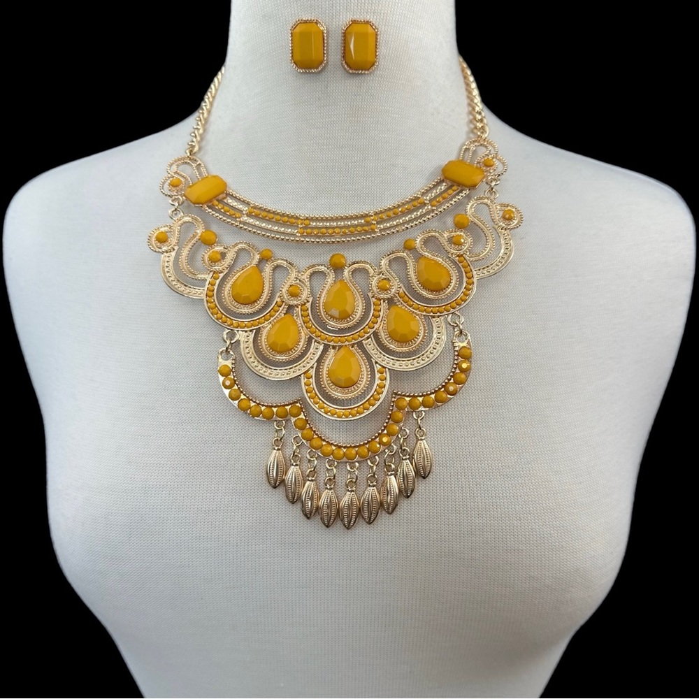 Large Yellow Bollywood Style Statement Gold Necklace Earrings Set